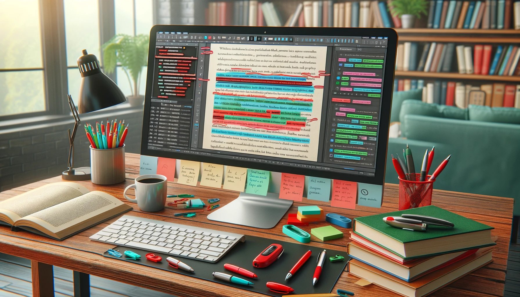 An image representing grammar and corrections. The scene includes a computer screen displaying a document with highlighted text, tracked changes, and