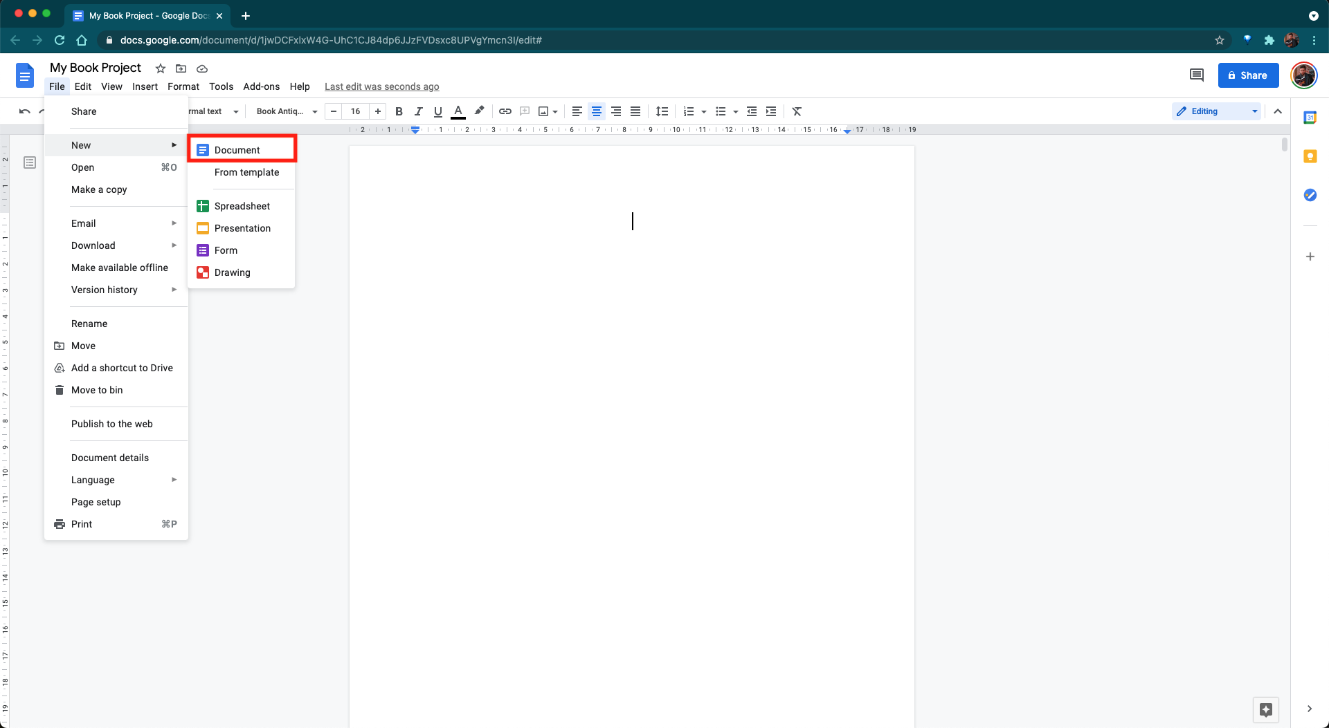 Create your new book project in Google Docs