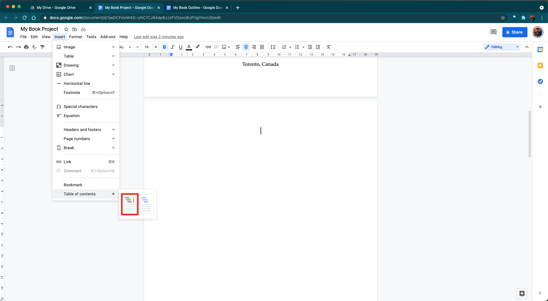 Creating a table of contents in Google Docs