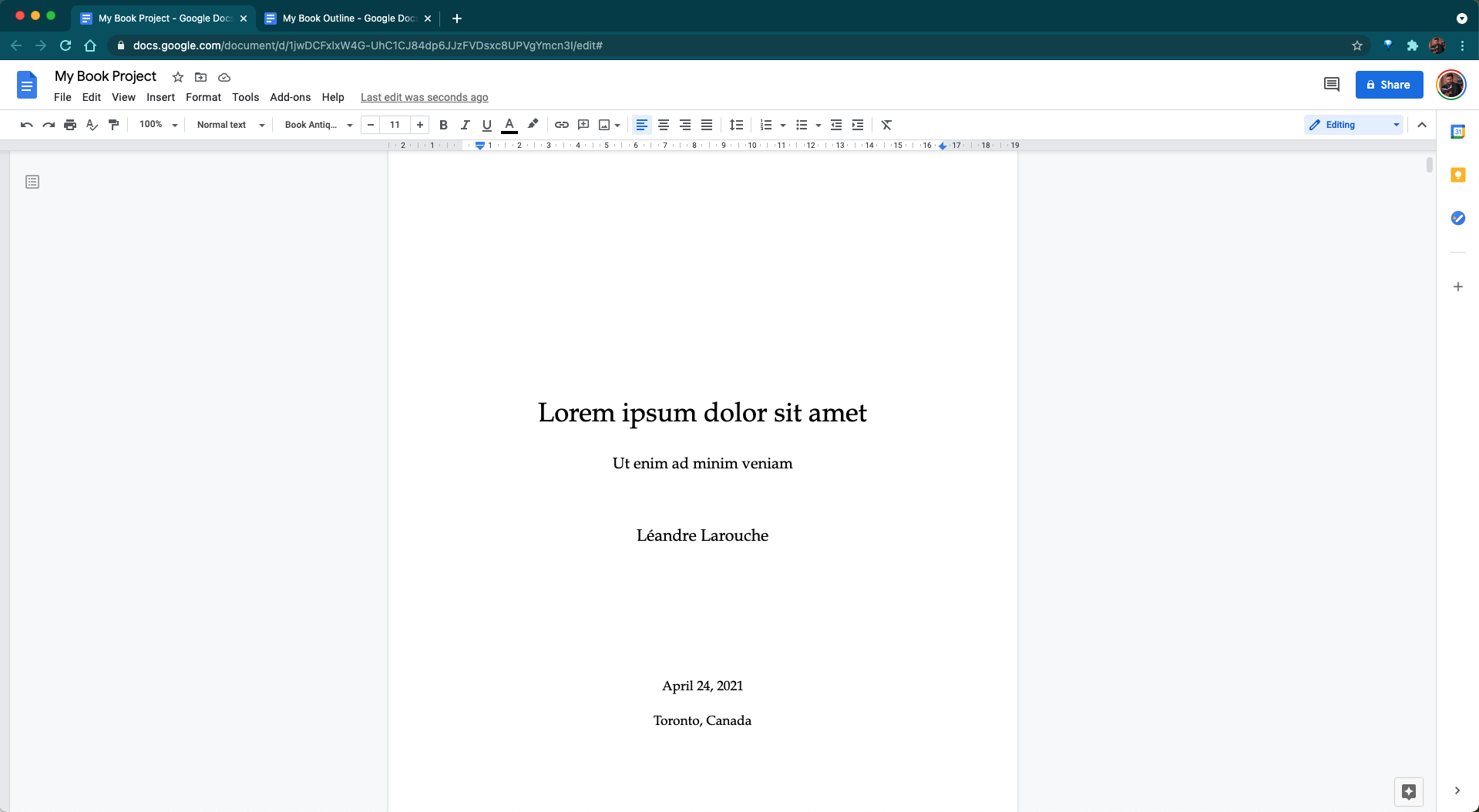 Your book's title page in Google Docs
